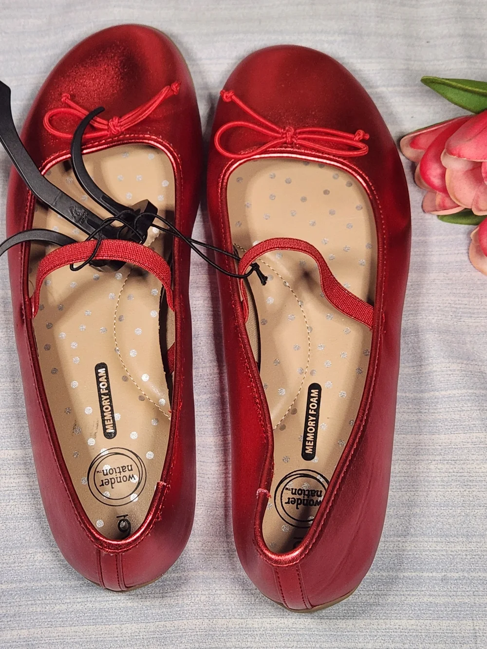 Wonder Nation Girls Metallic Red Mary Jane Ballet Flats Shoes Memory Foan Size 6